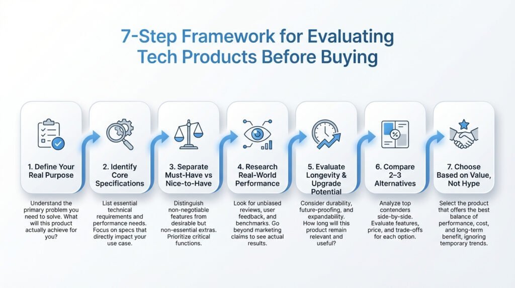 Infographic showing a 7-step framework for evaluating tech products before buying, including defining purpose, identifying core specifications, separating must-have features, researching real-world performance, evaluating longevity, comparing alternatives, and choosing based on value.