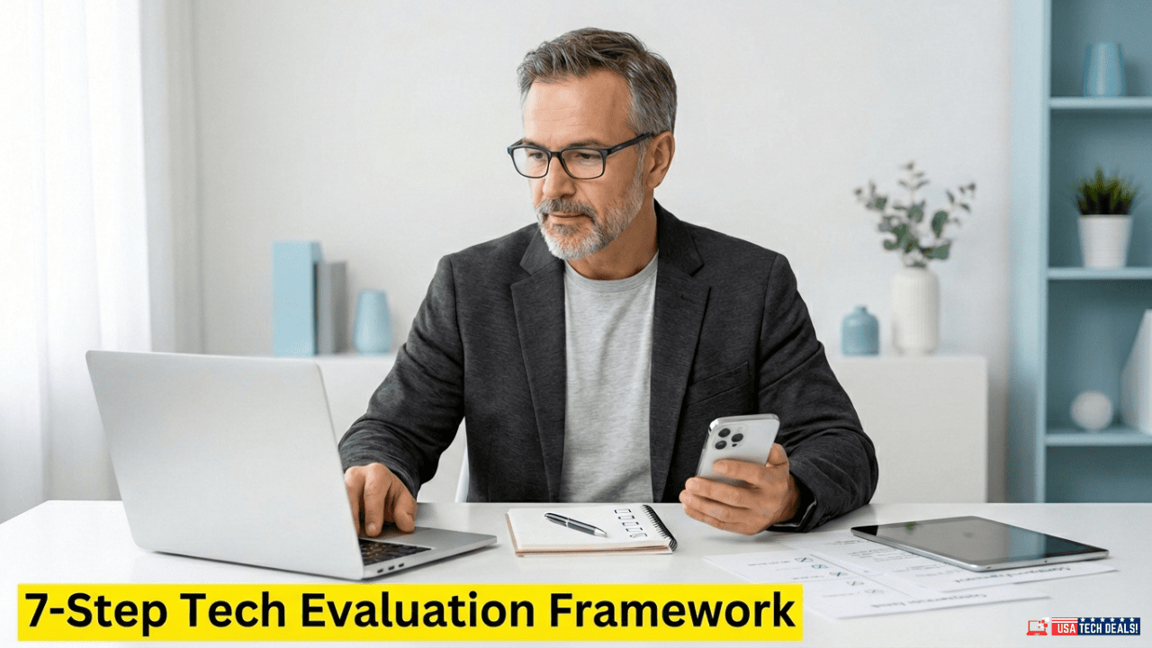 Man reviewing tech products on smartphone and laptop for evaluation.