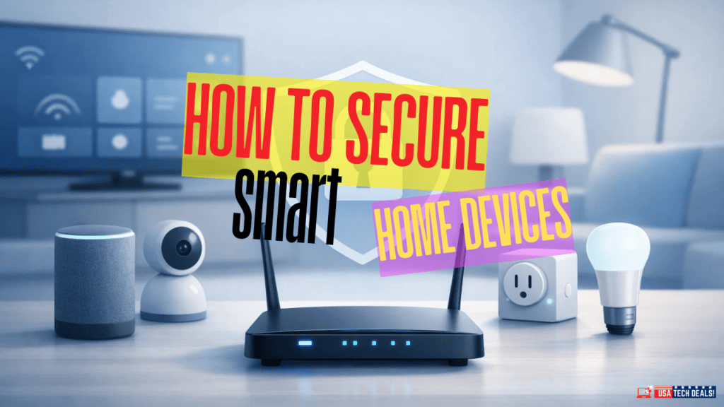 Modern smart home devices including router, camera, and smart bulb for security.