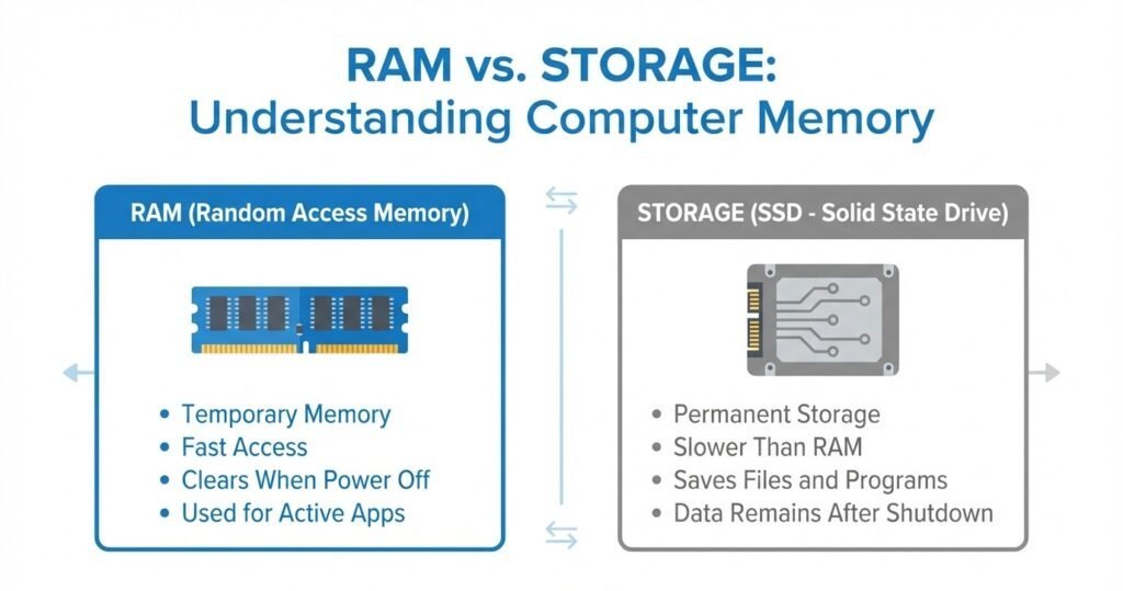 Diagram comparing RAM and storage with key features for computer memory.