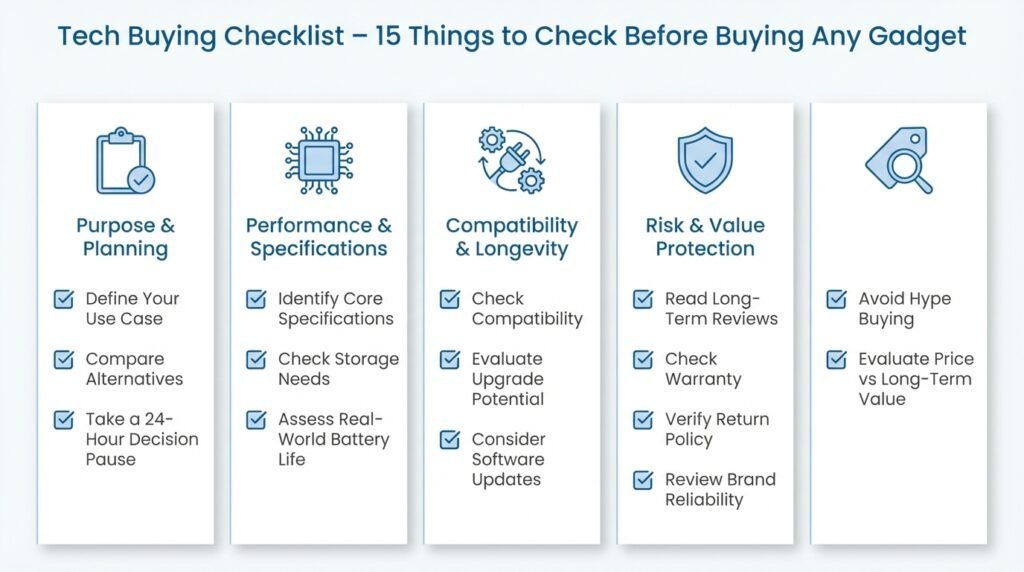 Infographic showing a structured tech buying checklist with 15 key things to check before purchasing any gadget.