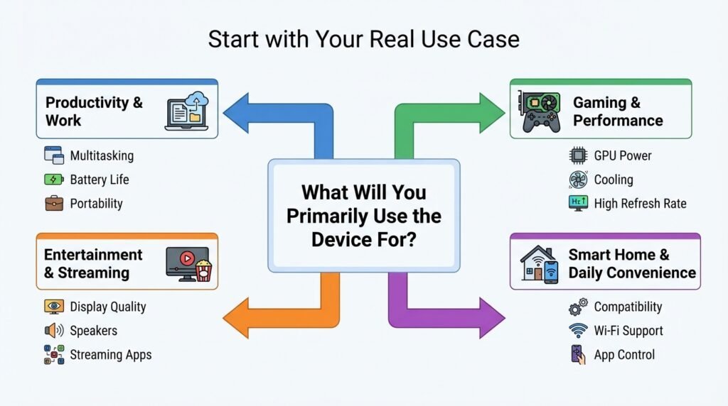 decision flowchart showing how to choose a tech product based on productivity, gaming, entertainment, or smart home needs
