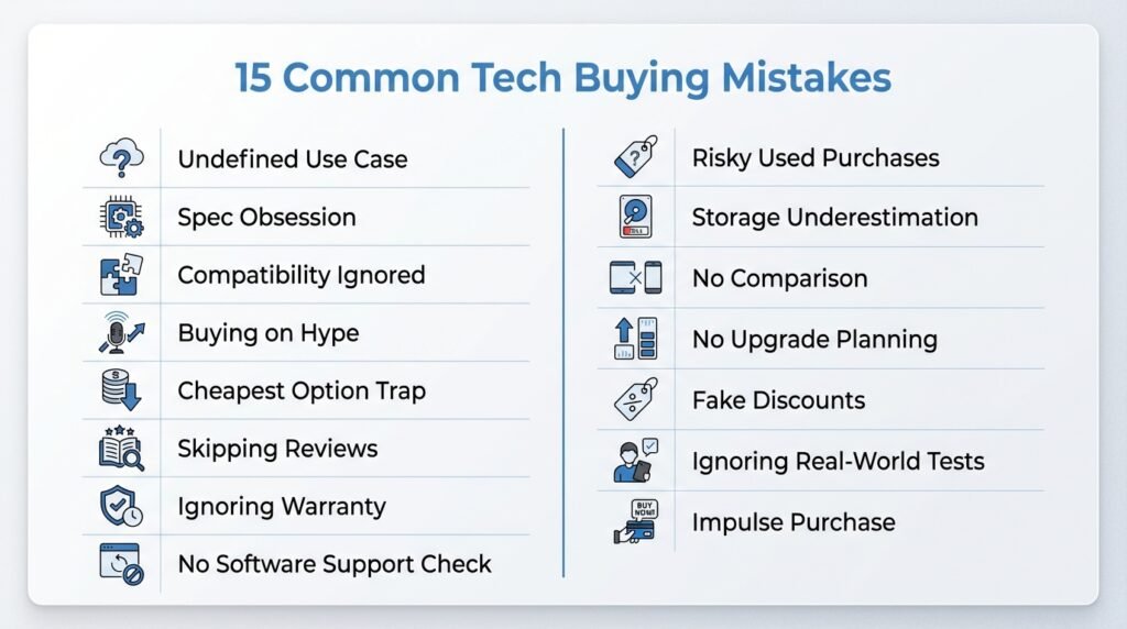 Checklist infographic showing 15 common mistakes when buying electronics such as ignoring compatibility, buying on hype, and skipping long-term reviews.