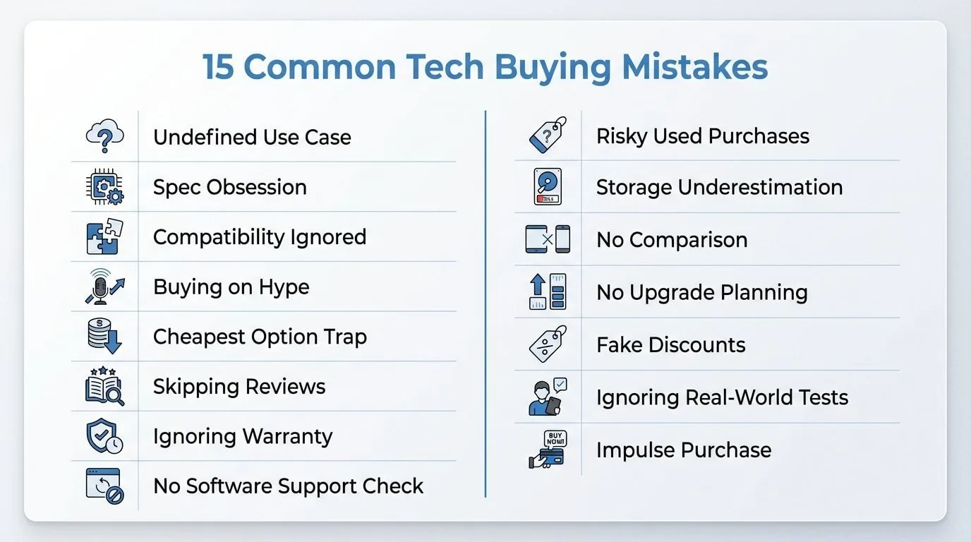 Checklist infographic showing 15 common mistakes when buying electronics such as ignoring compatibility, buying on hype, and skipping long-term reviews.