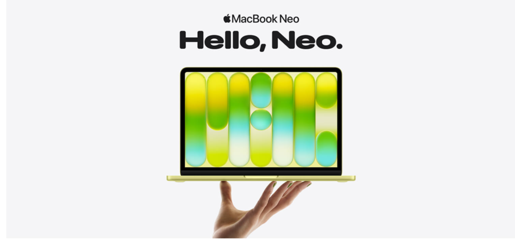 Apple MacBook Neo 13-inch laptop showing aluminum design and Liquid Retina display