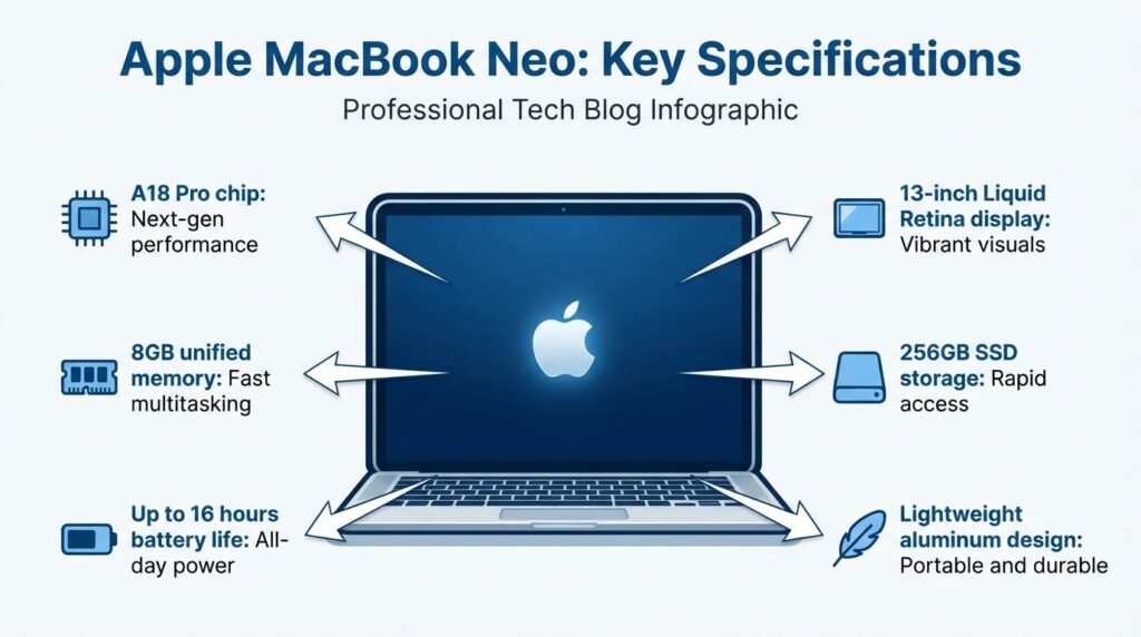 Apple MacBook Neo specifications showing A18 Pro chip, 8GB RAM, and 13-inch Liquid Retina display