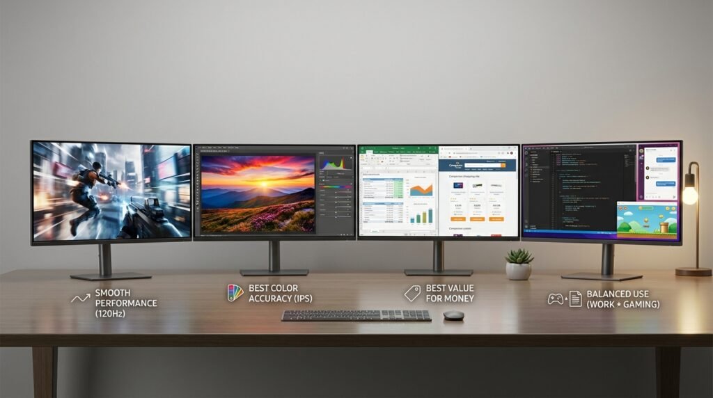 Best budget gaming monitors comparison showing performance, color accuracy, value, and work setup features