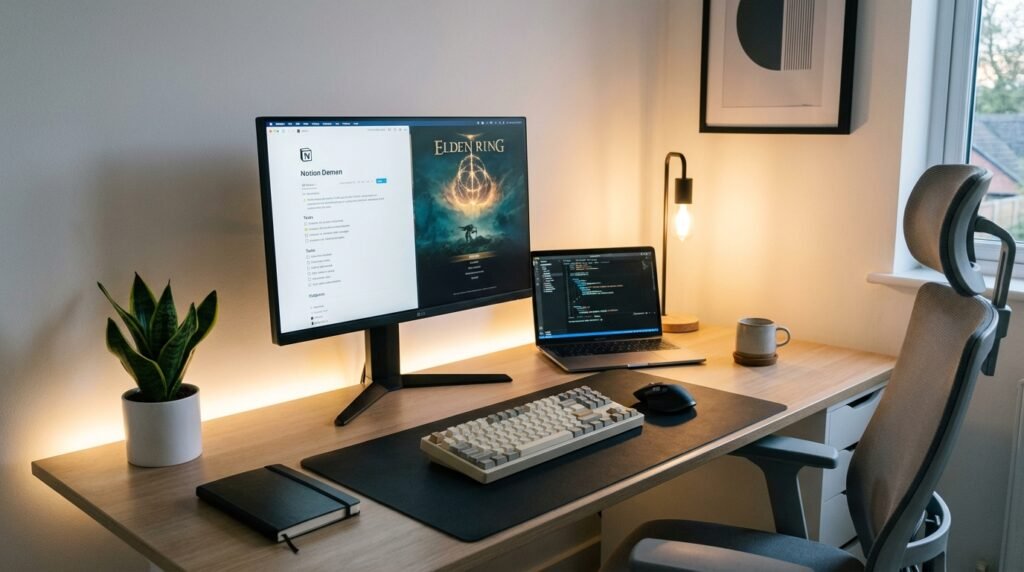 budget gaming monitor setup with clean home office desk and modern gaming workspace