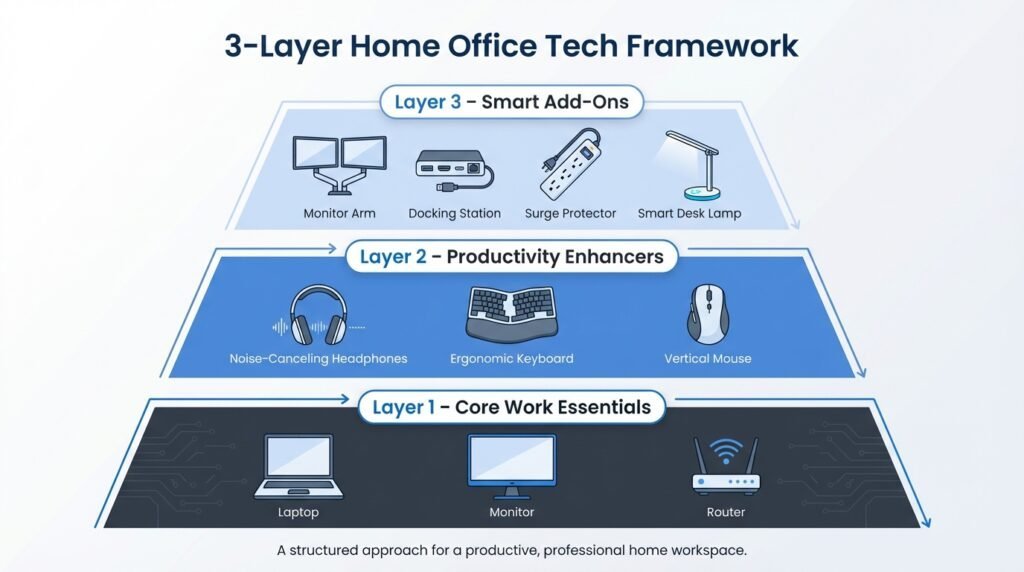 3-layer home office tech framework showing core essentials, productivity enhancers, and smart add-ons