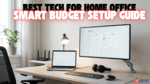 Modern home office setup featuring laptop, monitor, keyboard, headphones, and desk lamp for a productive remote workspace