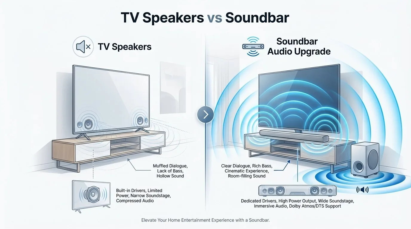Comparison between built-in TV speakers and a soundbar audio upgrade, showing dramatic audio quality improvement under $200