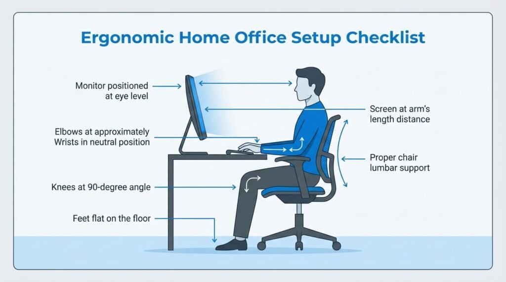 Ergonomic home office setup diagram showing correct monitor height, chair posture, wrist alignment, and screen distance