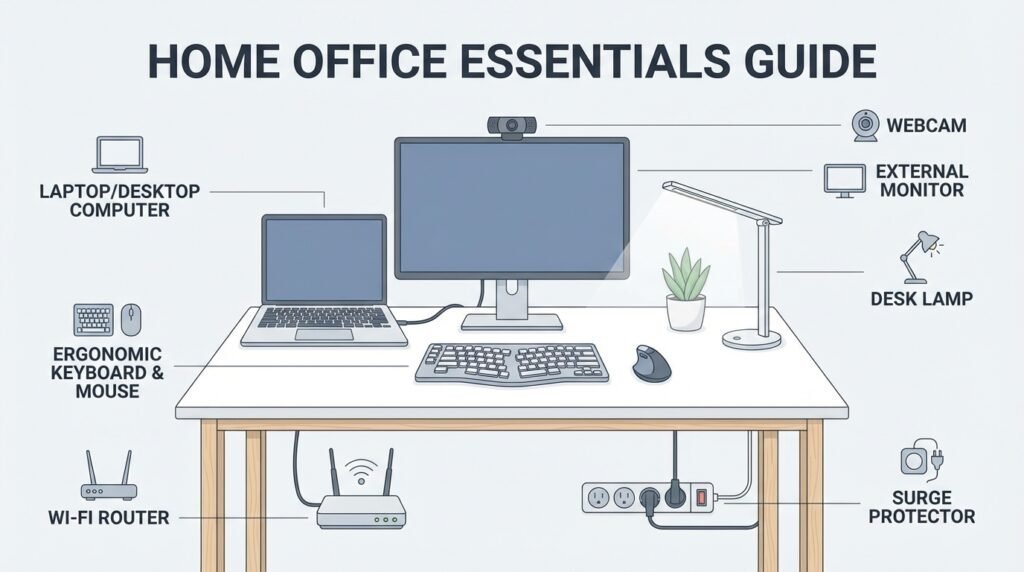 essential home office setup equipment including laptop monitor keyboard mouse router desk lamp and webcam