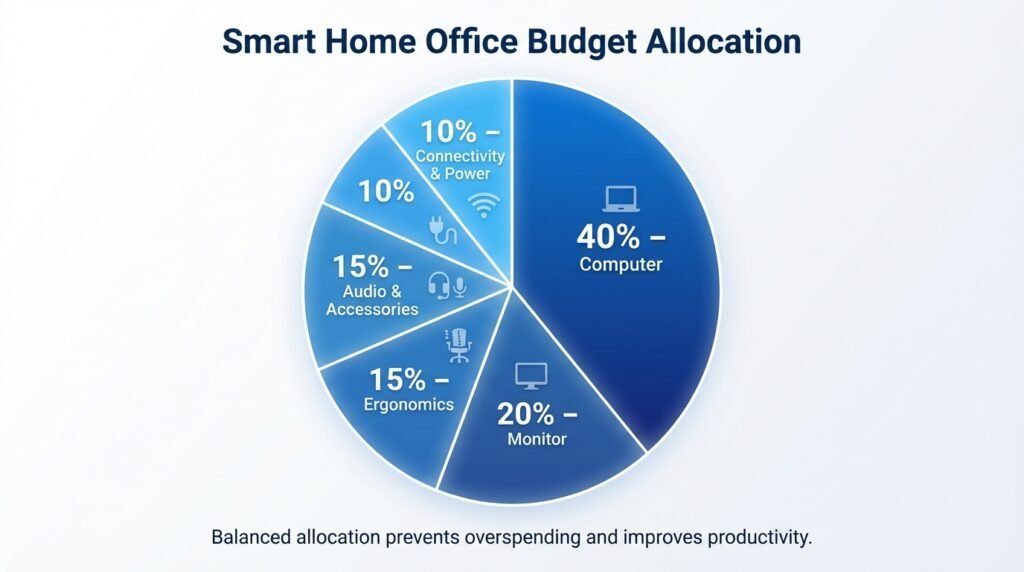 Pie chart showing smart home office budget allocation with 40 percent computer, 20 percent monitor, 15 percent ergonomics, 15 percent accessories, and 10 percent connectivity