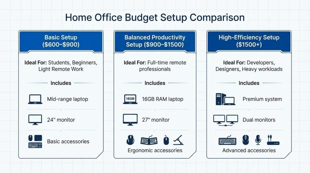 Comparison chart of basic, balanced, and high-efficiency home office tech setup budgets