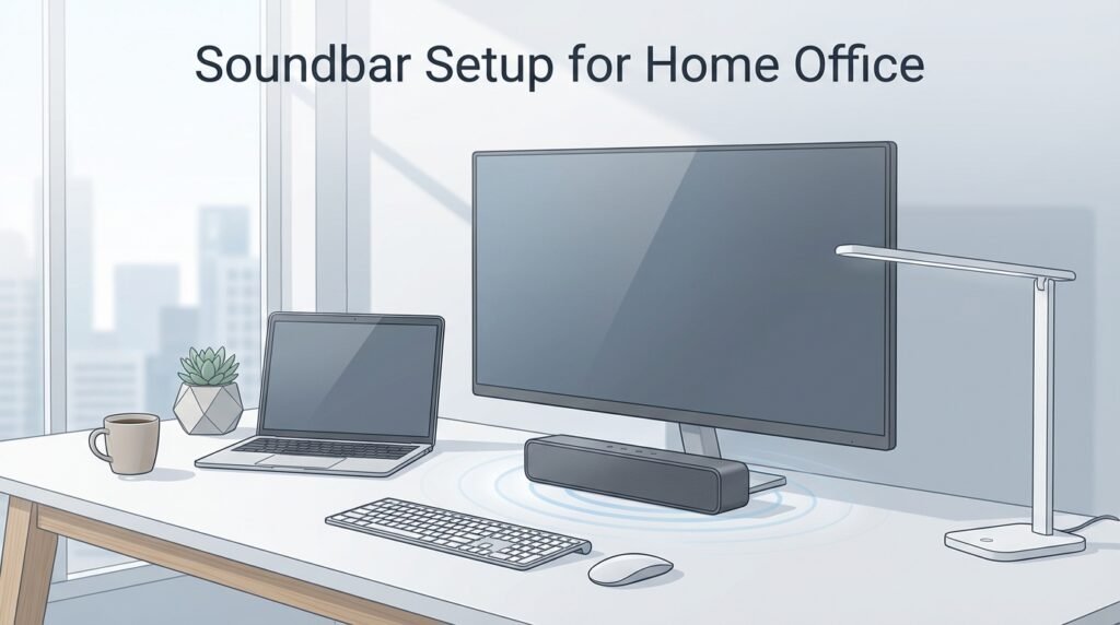 home office desk setup with monitor and compact soundbar for clear audio