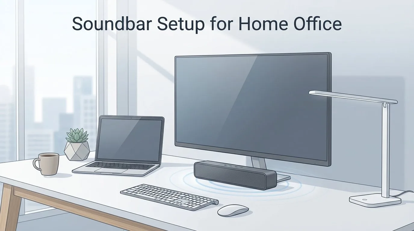 Home office desk setup with monitor and compact soundbar for clear audio during video calls and remote work