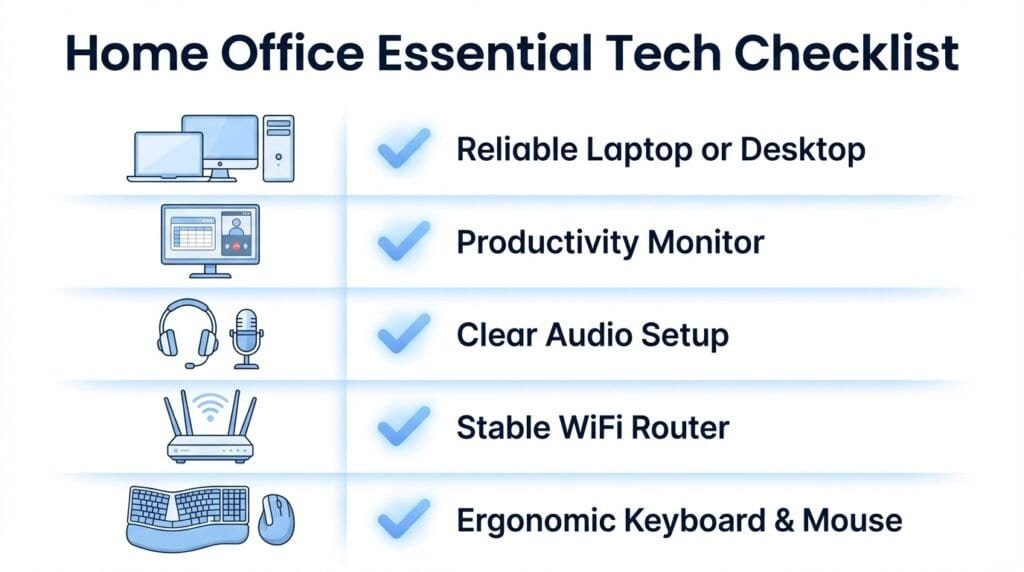 Home office essential list including laptop, monitor, audio setup, router, and ergonomic keyboard and mouse
