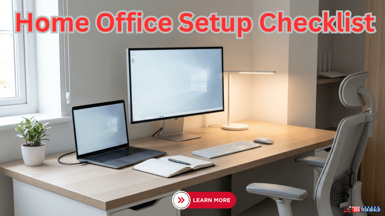 Modern home office setup with laptop, external monitor, keyboard, desk lamp, and organized workspace for remote work productivity