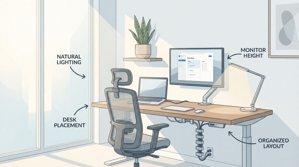 home office workspace planning layout showing desk placement near natural light with ergonomic chair and external monitor