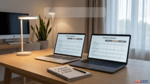 Modern home office desk with two laptops side by side showing a product comparison layout for how to compare tech products effectively