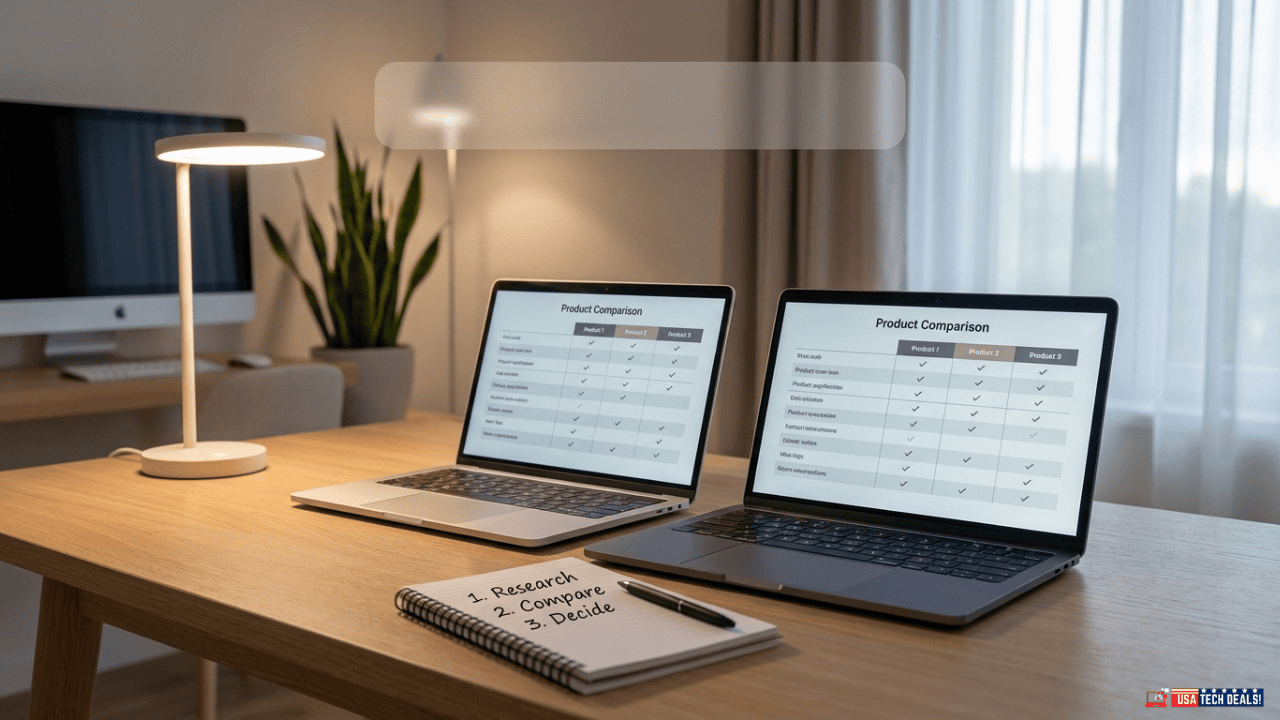 Modern home office desk with two laptops side by side showing a product comparison layout for how to compare tech products effectively
