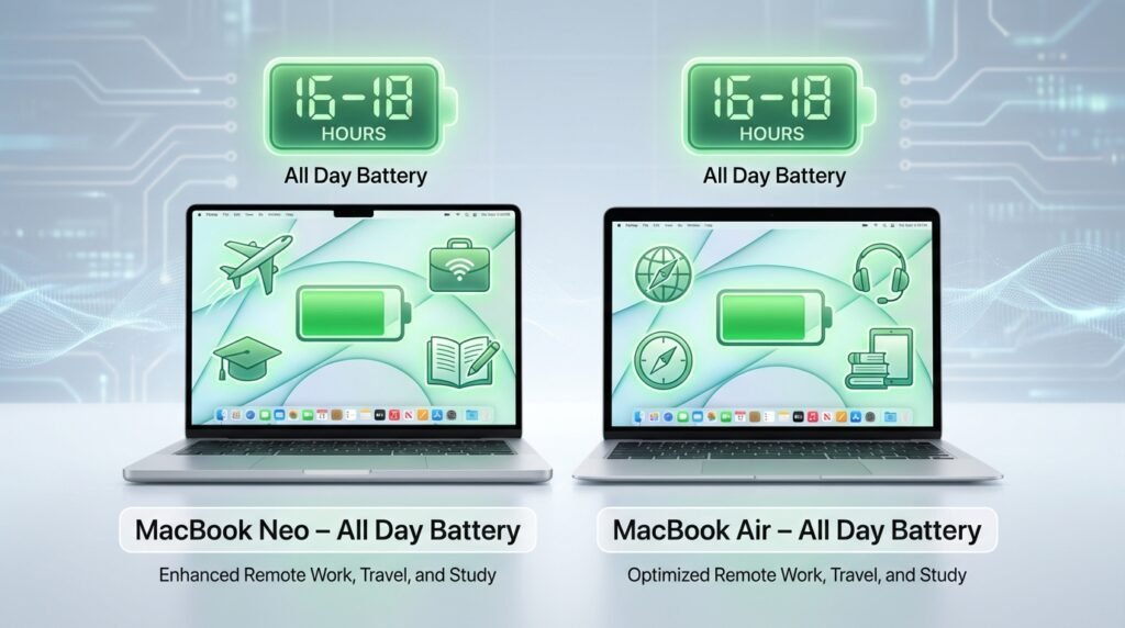 MacBook Neo vs MacBook Air battery life comparison showing up to 18 hours of all-day battery performance