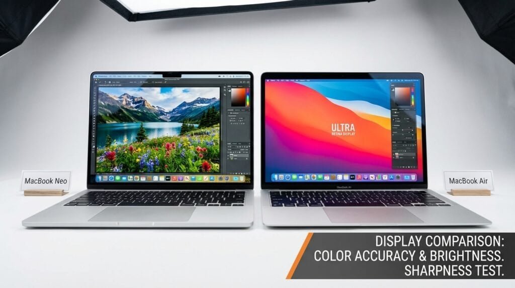 MacBook Neo vs MacBook Air Retina display comparison showing brightness and color accuracy