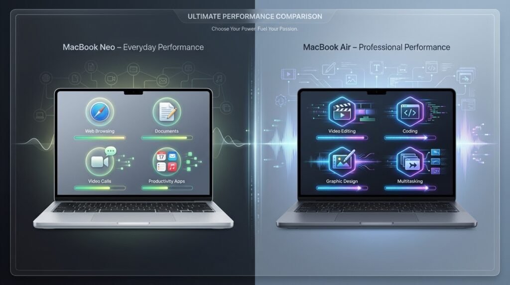 MacBook Neo vs MacBook Air performance comparison showing everyday tasks vs professional workloads