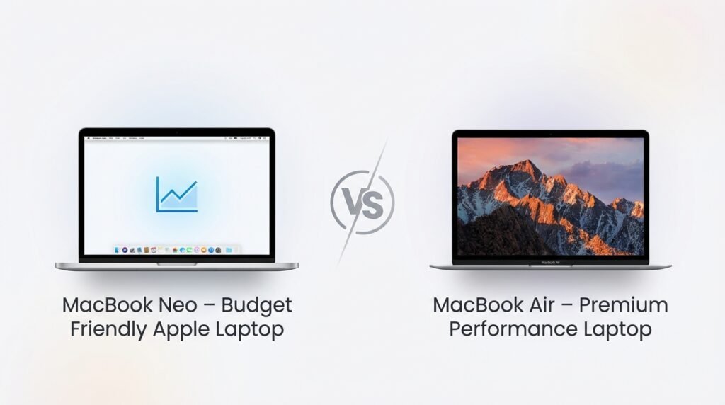 MacBook Neo vs MacBook Air side-by-side quick comparison showing Apple laptops for budget users vs premium performance buyers