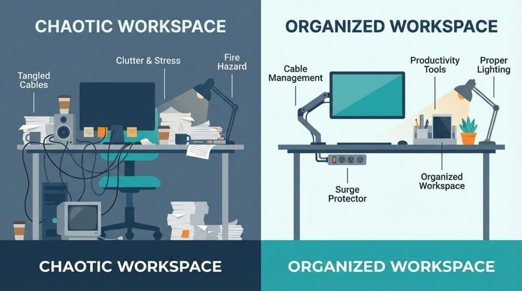organized vs cluttered home office desk comparison showing cable management and clean workspace setup