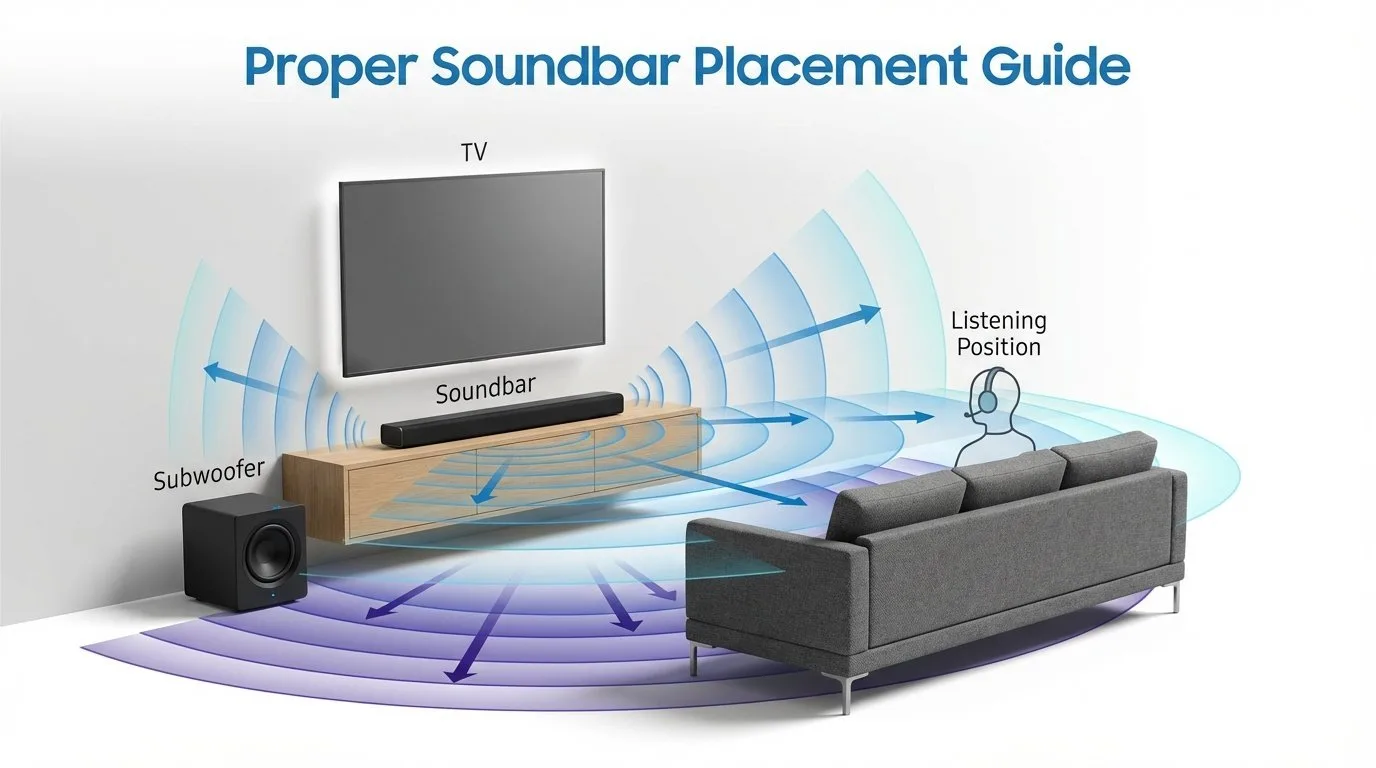 Proper soundbar placement under TV with subwoofer positioning guide for optimal audio quality