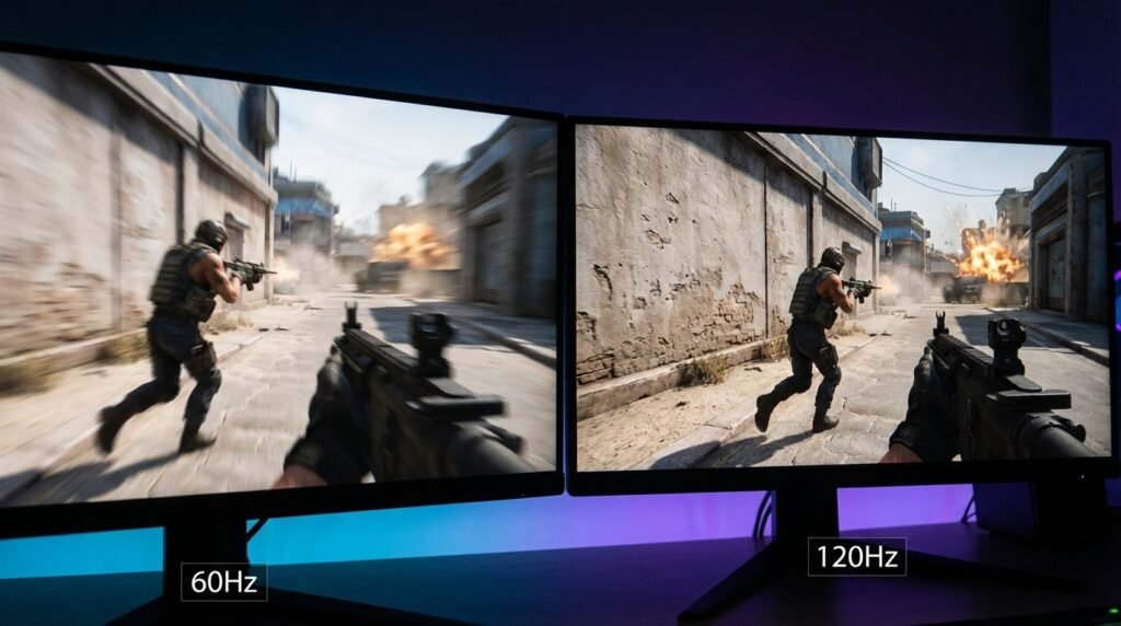 60Hz vs 120Hz gaming comparison showing motion blur vs smooth gameplay on monitor