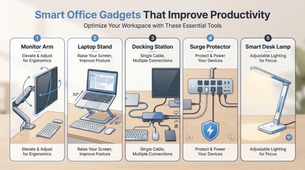 Smart office gadgets such as monitor arm, laptop stand, docking station, surge protector, and desk lamp for home office productivity