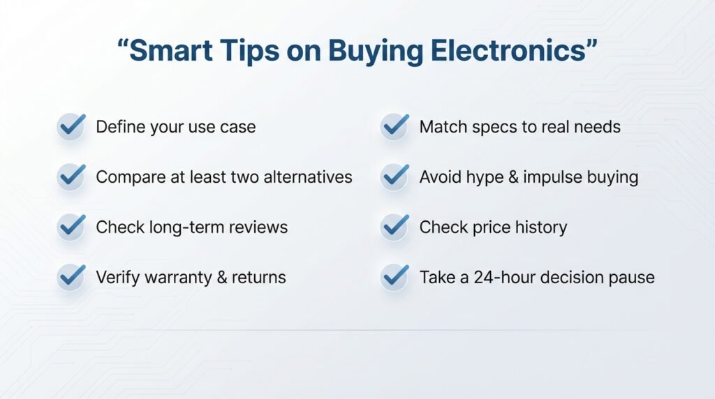 Checklist image showing smart tips on buying electronics including defining use case, comparing alternatives, checking warranty, and avoiding impulse purchases.