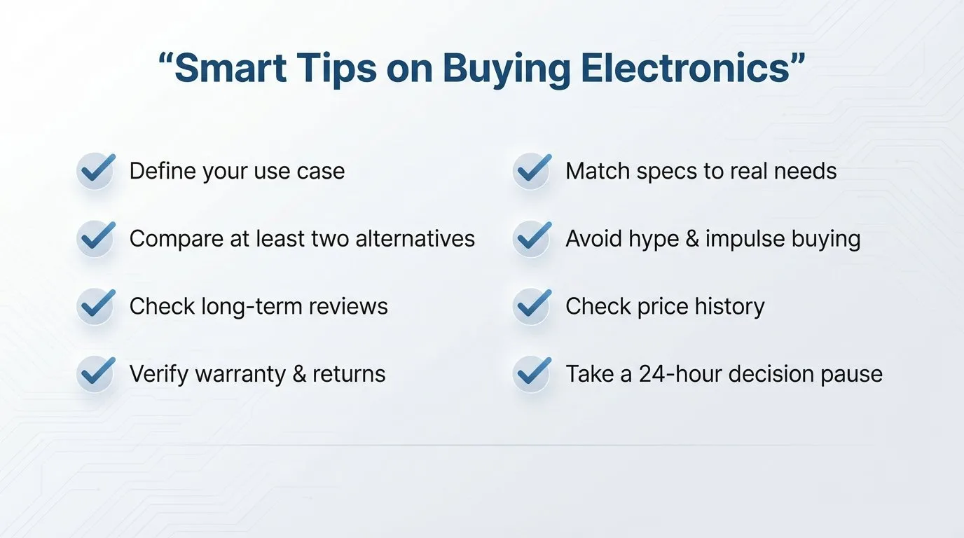 Checklist image showing smart tips on buying electronics including defining use case, comparing alternatives, checking warranty, and avoiding impulse purchases.