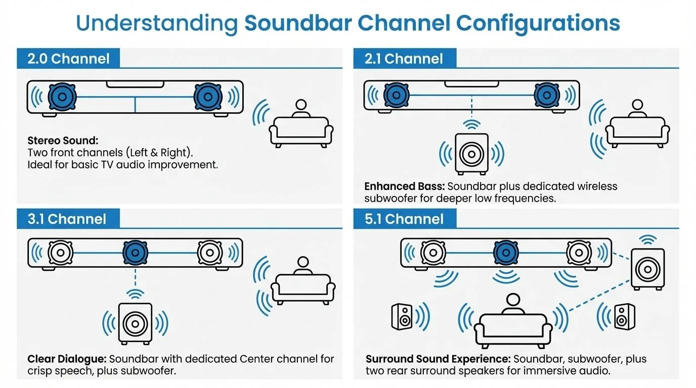Soundbar channel configuration diagram comparing 2.0 vs 2.1 vs 3.1 vs 5.1 audio systems under $200