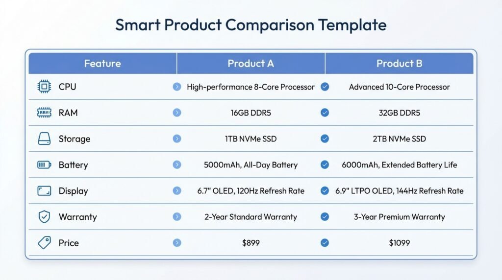how to compare tech products - Simple product comparison table template showing features like CPU, RAM, storage, battery, and price for comparing tech products