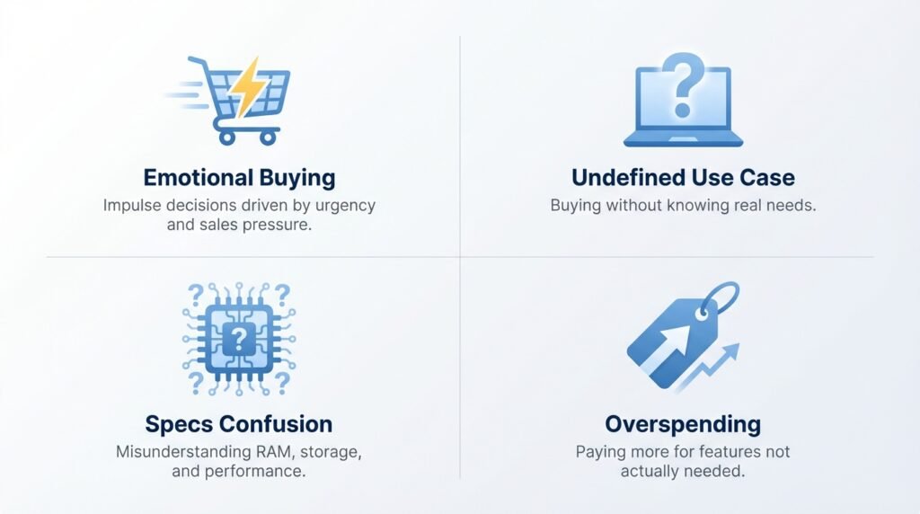 Common Mistakes When Buying Electronics. Infographic explaining why people regret tech purchases including emotional buying, undefined use case, specs confusion, and overspending.