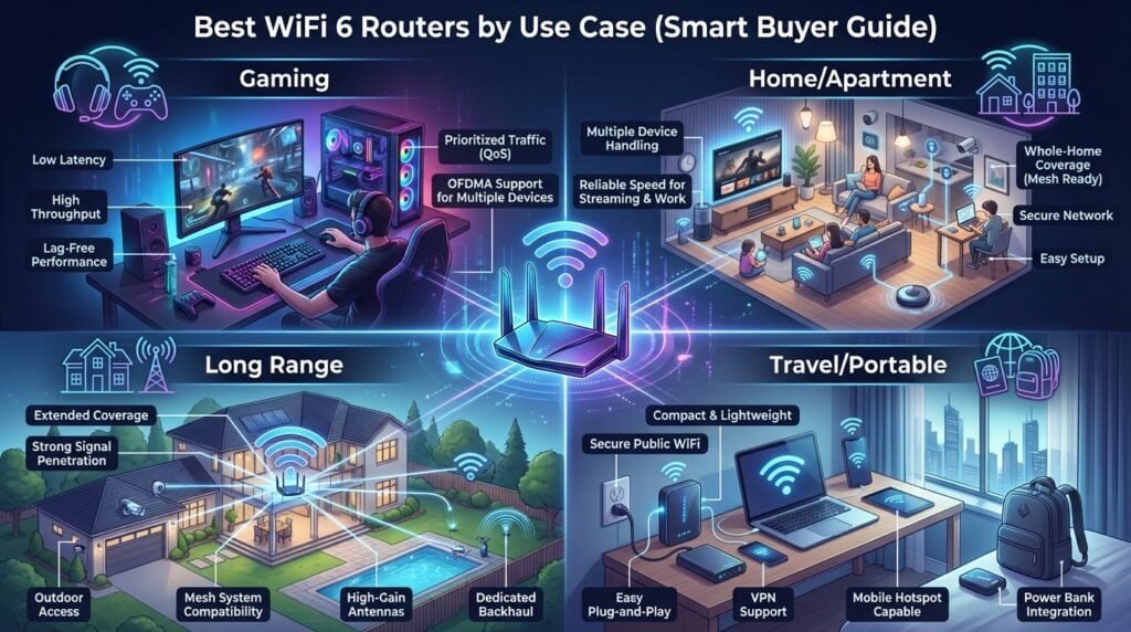 High-performance WIFI 6 routers for gaming, home, and travel under $100. Features include low latenc.