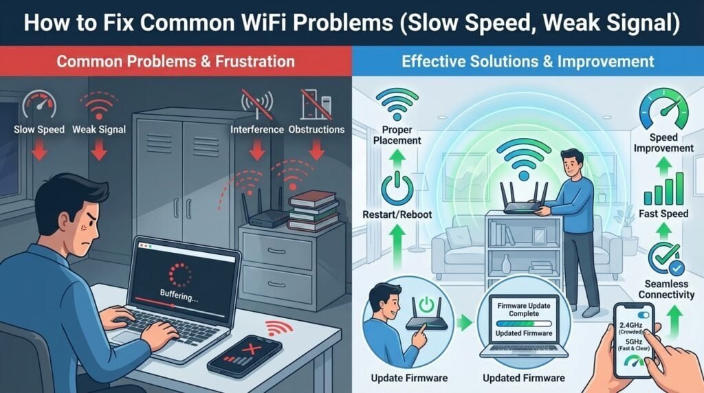 Illustration of fixing WiFi issues with firmware updates, speed improvements, and proper placement f.