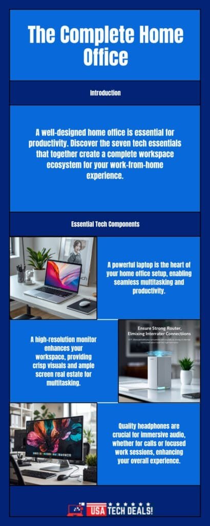 Complete home office tech setup ecosystem diagram showing 7 essential products working together — laptop, monitor, WiFi router, headphones, keyboard and mouse, webcam, and USB-C hub — the complete remote work technology stack for 2026