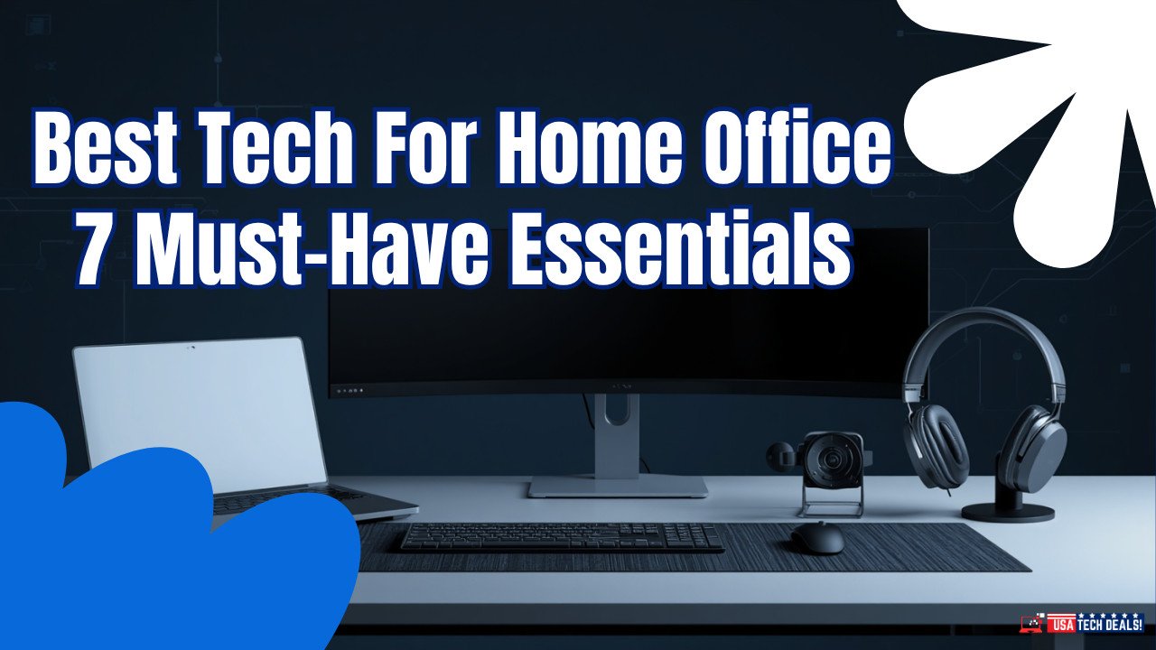 Best Home Office Tech 2026 — 7 must-have essentials for remote work setup including laptop, monitor, headphones, WiFi router, keyboard, mouse, and webcam by USA Tech Deals