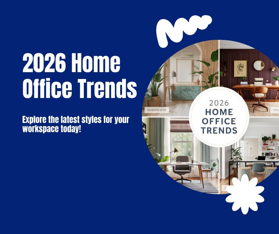 2026 home office trends mood board featuring biophilic design, restorative dark walls, sage pastel sanctuary, and multi-zone workspace styles