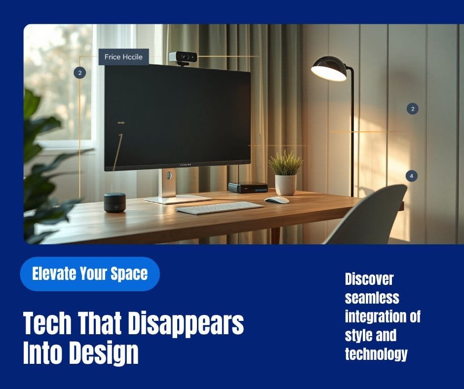 Tech that disappears into design — modern home office with integrated webcam, smart lamp, hidden cables, and aesthetic smart speaker setup