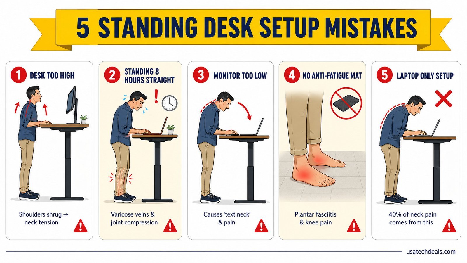 How to set up a standing desk correctly by avoiding 5 most common mistakes including wrong desk height, standing too long, low monitor, no anti-fatigue mat, and laptop only setup