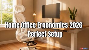 Perfect home office ergonomics setup 2026 — monitor at eye level, ergonomic chair, correct desk arrangement for US remote workers