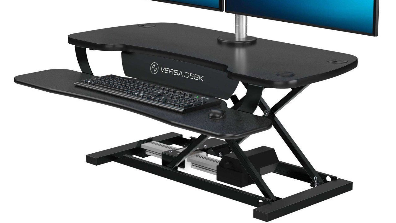 VersaDesk PowerPro electric standing desk converter under $400 US-made for apartment home office
