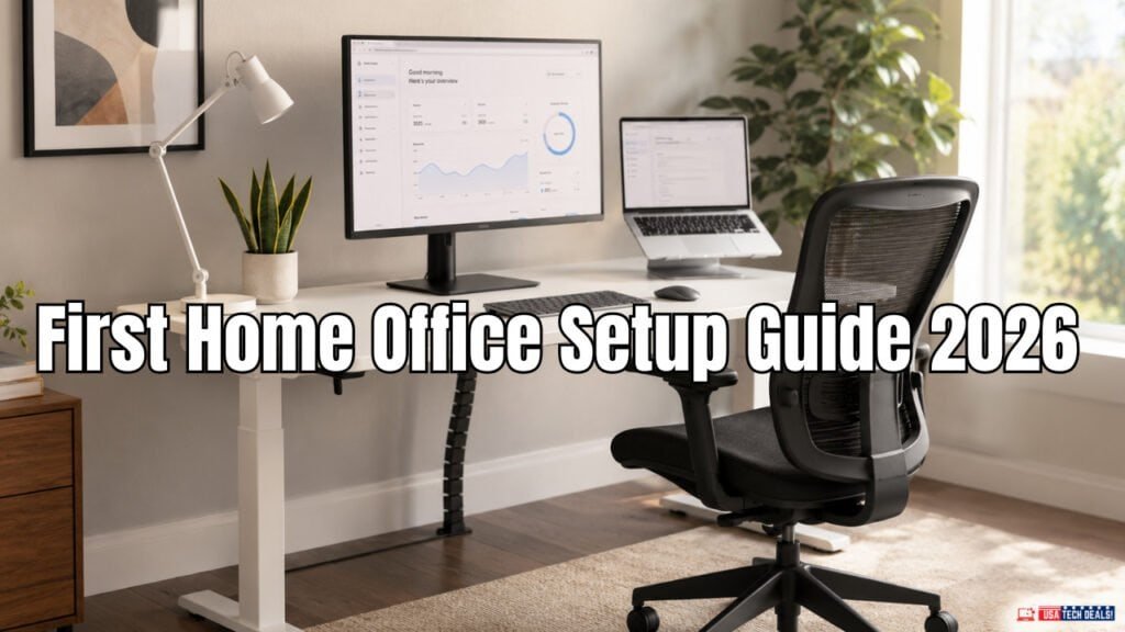 Complete first home office setup 2026 — modern desk, ergonomic chair, monitor, laptop and lighting for US remote workers