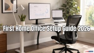 Complete first home office setup 2026 β modern desk, ergonomic chair, monitor, laptop and lighting for US remote workers